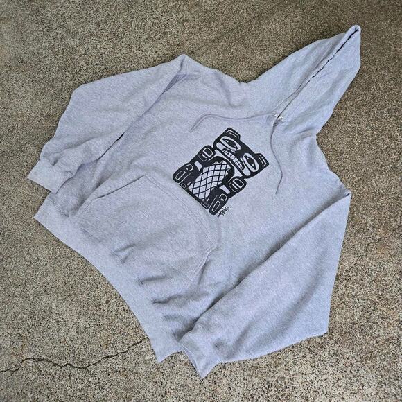 Vtg Y2k HAIDA Abstract Indigenous Art Graphic Print Nature Hooded Sweatshirt XL - Picture 2 of 6